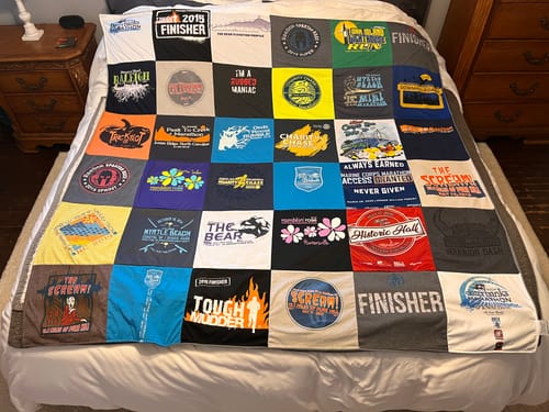 T-shirt quilt with running, obstacle courses themes by Christy from NC