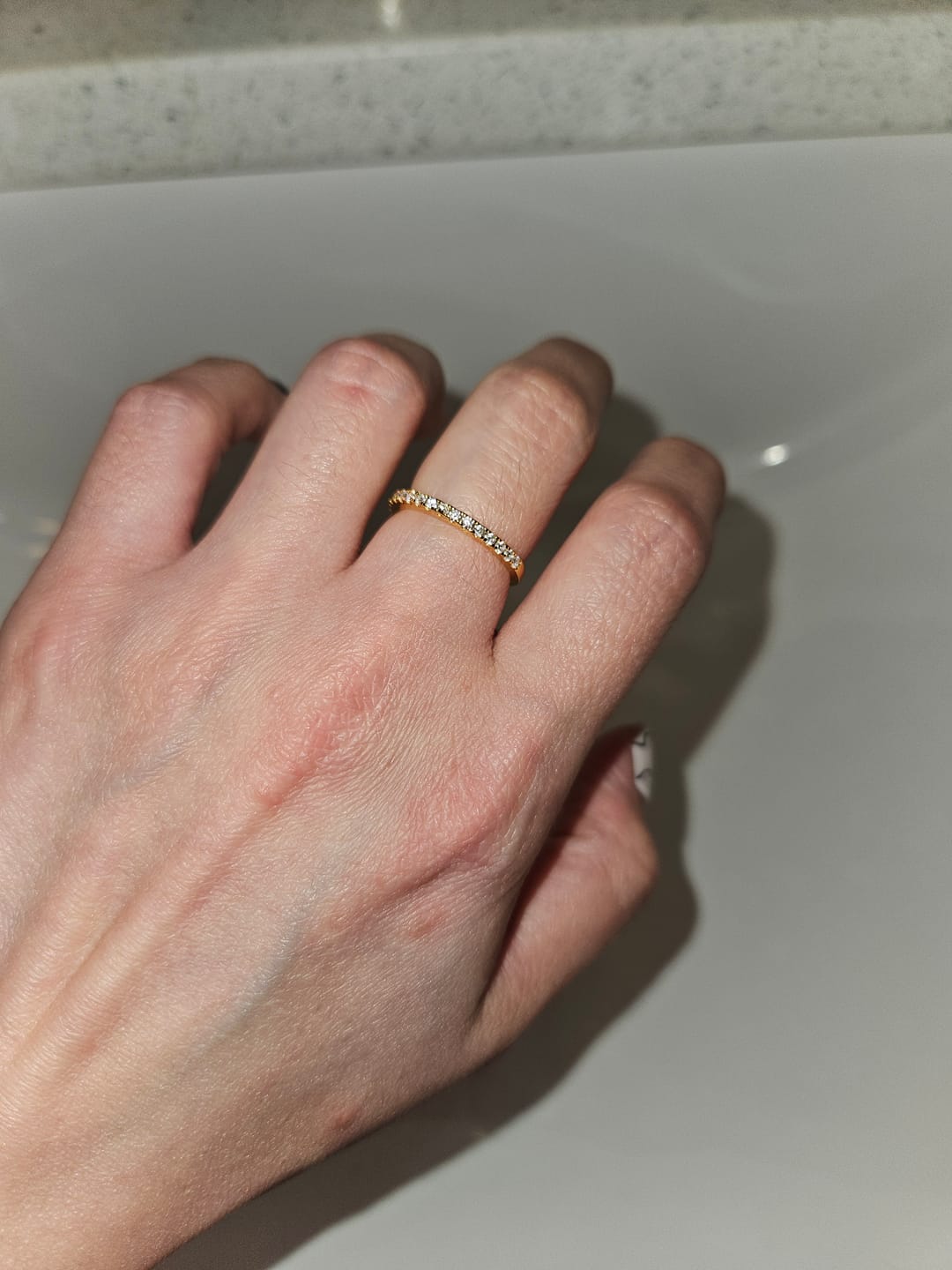 Customer photo review of Moissanite Round Half Eternity Sterling Silver Wedding Band Stackable Ring