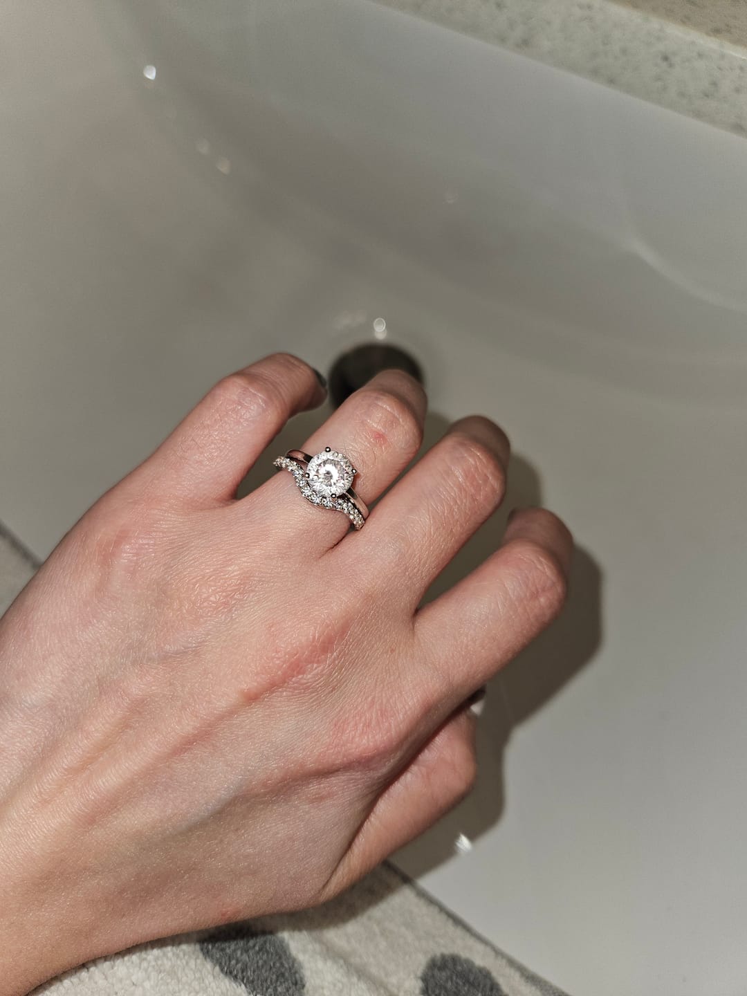 Customer photo review of Curved Pave Moissanite Half Eternity Wedding Band Stackable Ring