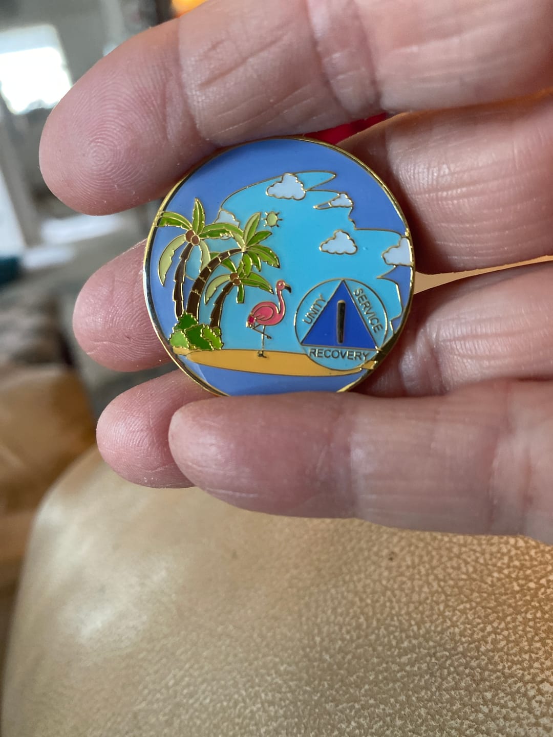 Customer photo review of 1 to 60 Year Beach Themed Specialty AA Recovery Medallion - Tri-Plated Chip/Coin