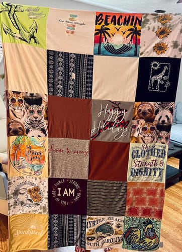 T-shirt quilt with beach activities, holiday celebrations themes by Mackenzie from TN