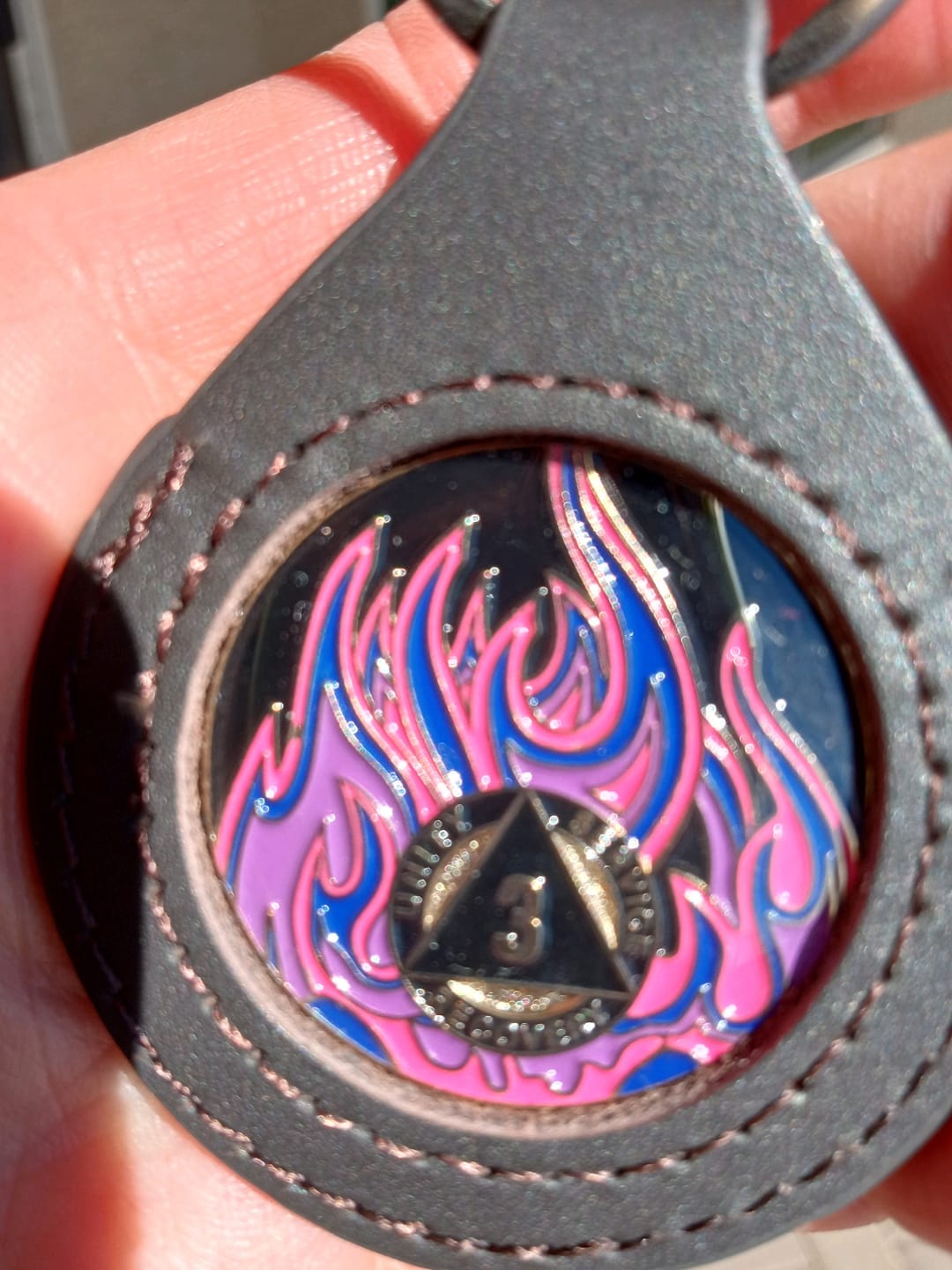 Customer photo review of 1 to 40 Year Sobriety Mint Twisted Flames Gold Plated AA Recovery Medallion/Chip/Coin - Black/Pink/Purple/Blue