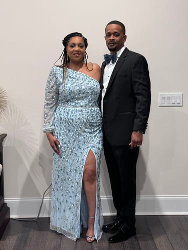 Customer photo review of Embellished One Sleeve Faux Wrap Gown