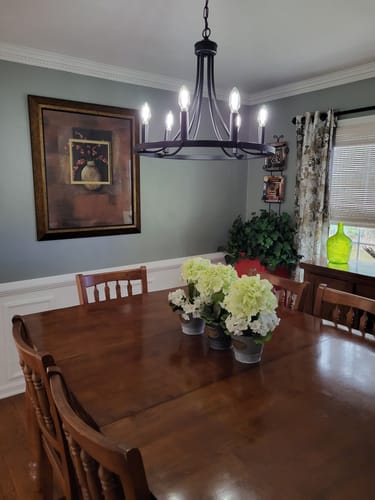 Customer photo review of Farmhouse 6-Light Candle-Style Wagon Wheel Chandelier