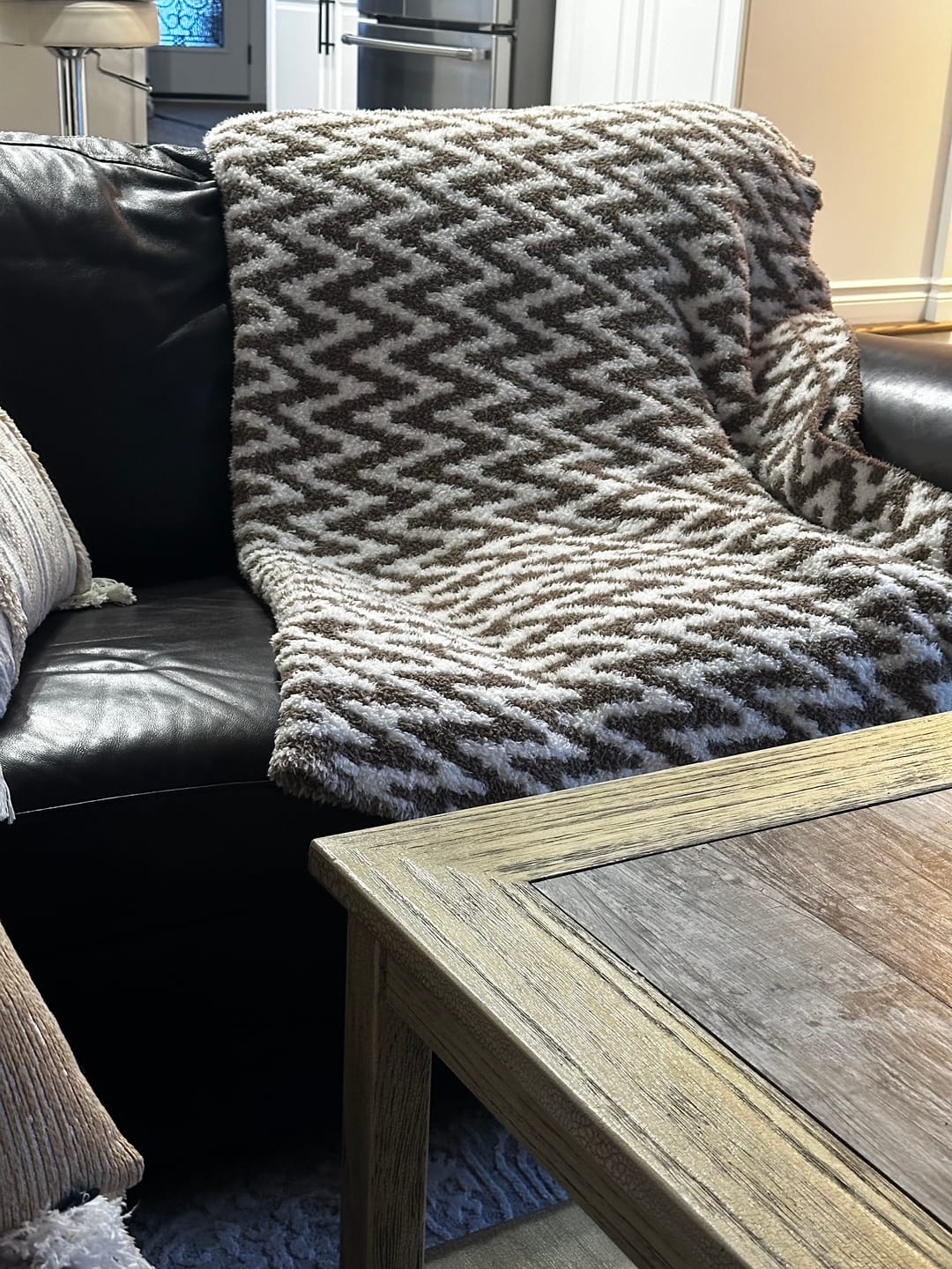 Customer photo review of Mushroom & White Chevron Print Extended Throw