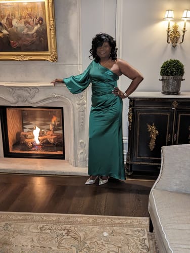Customer photo review of Satin Puff Sleeve Gown