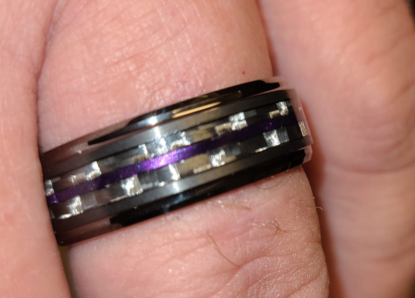 Customer photo review of 8mm - Tungsten Gunmetal wedding Rings, Carbon Fiber W/ Purple Wood Wedding Band