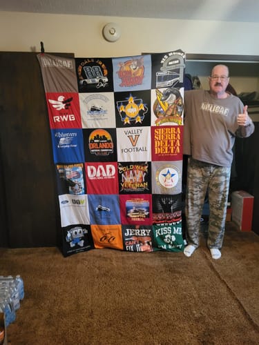 T-shirt quilt with military, sports themes by Jerry from IA