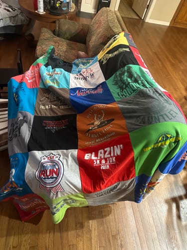 T-shirt quilt with running, charity events themes by Janna from AR