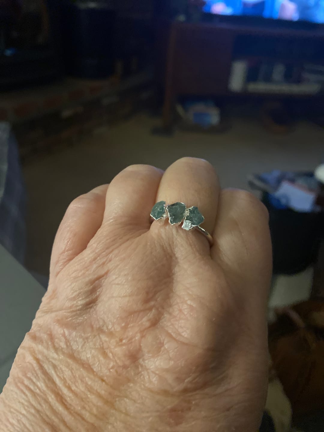 Customer photo review of Three Stone Raw Aquamarine Ring Sterling Silver