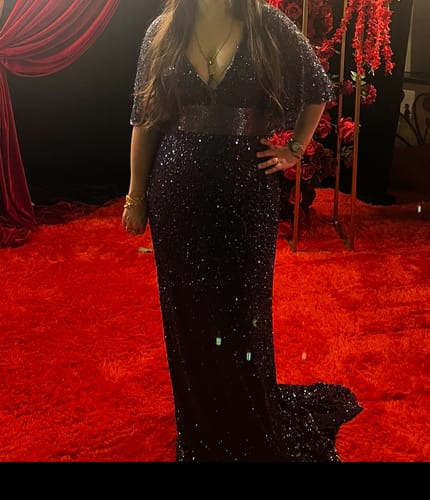 Customer photo review of Sequined V-Neck Cape Sleeve Beaded Waist Gown