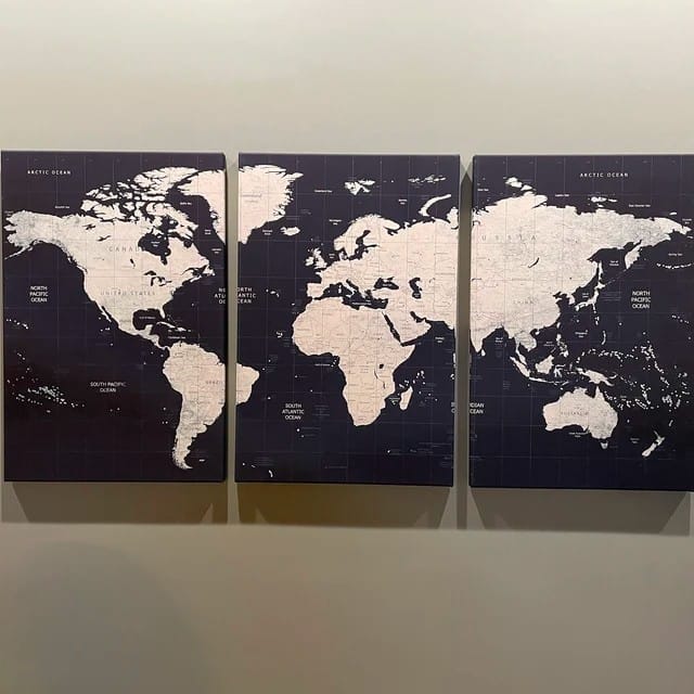 Customer photo review of Large Wall Art Push Pin World Map Canvas Print