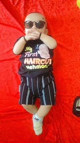 Customer photo review of My First Haircut Baby T-Shirt