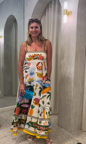 Customer photo review of Holiday Paradise Linen Blend Unique Print Smocked Back Pocket Maxi Dress