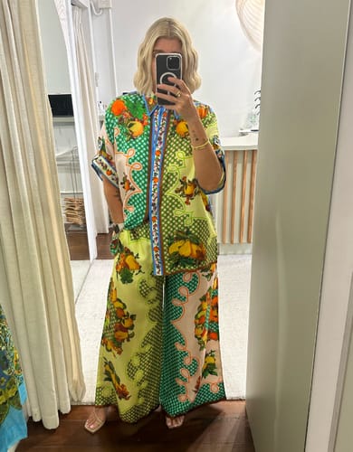 Customer photo review of Enjoy Summer Lemon Satin Unique Print Elastic Waist Pocketed Wide Leg Pants
