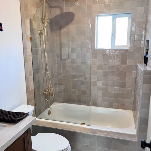 Customer photo review of Unlacquered Brass Shower System - Tub Filler Exposed Pipe Rain Shower and Handheld