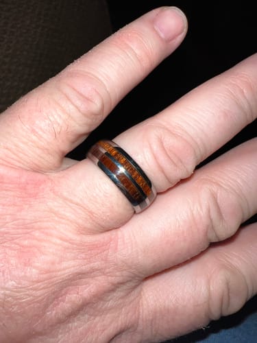 Customer photo review of 8mm Natural Hawaiian Koa Wood Inlaid Tungsten Double Row Wedding Ring