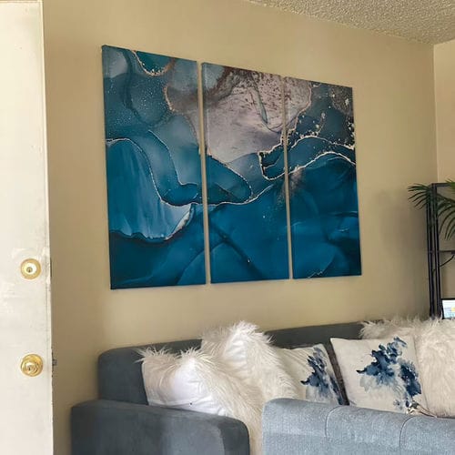 Customer photo review of Navy Blue Marble Fluid Effect Large Wall Art Modern Abstract Canvas Wall Art Print
