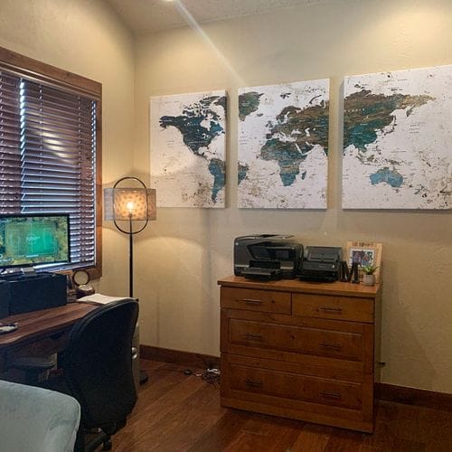 Customer photo review of Large World Map PUSH Pin Canvas Print, World Map, World Map Art Print, World Map Wall Art,