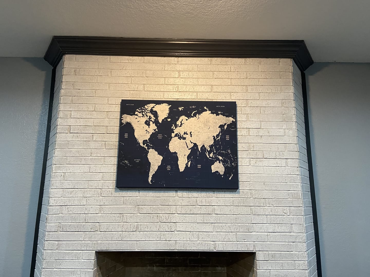Customer photo review of Dark Blue World Map Wall Art Canvas Print
