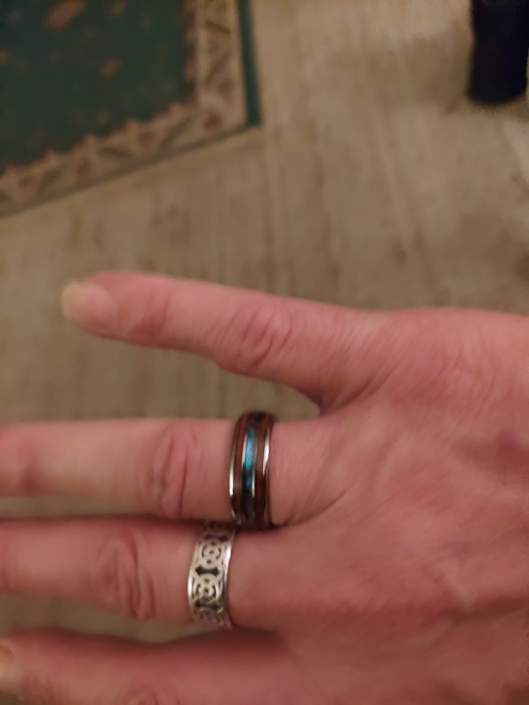 Customer photo review of 8mm - Hawaiian Koa Wood Tungsten Rings Dome Abalone Shell/Blue Center Wedding Band