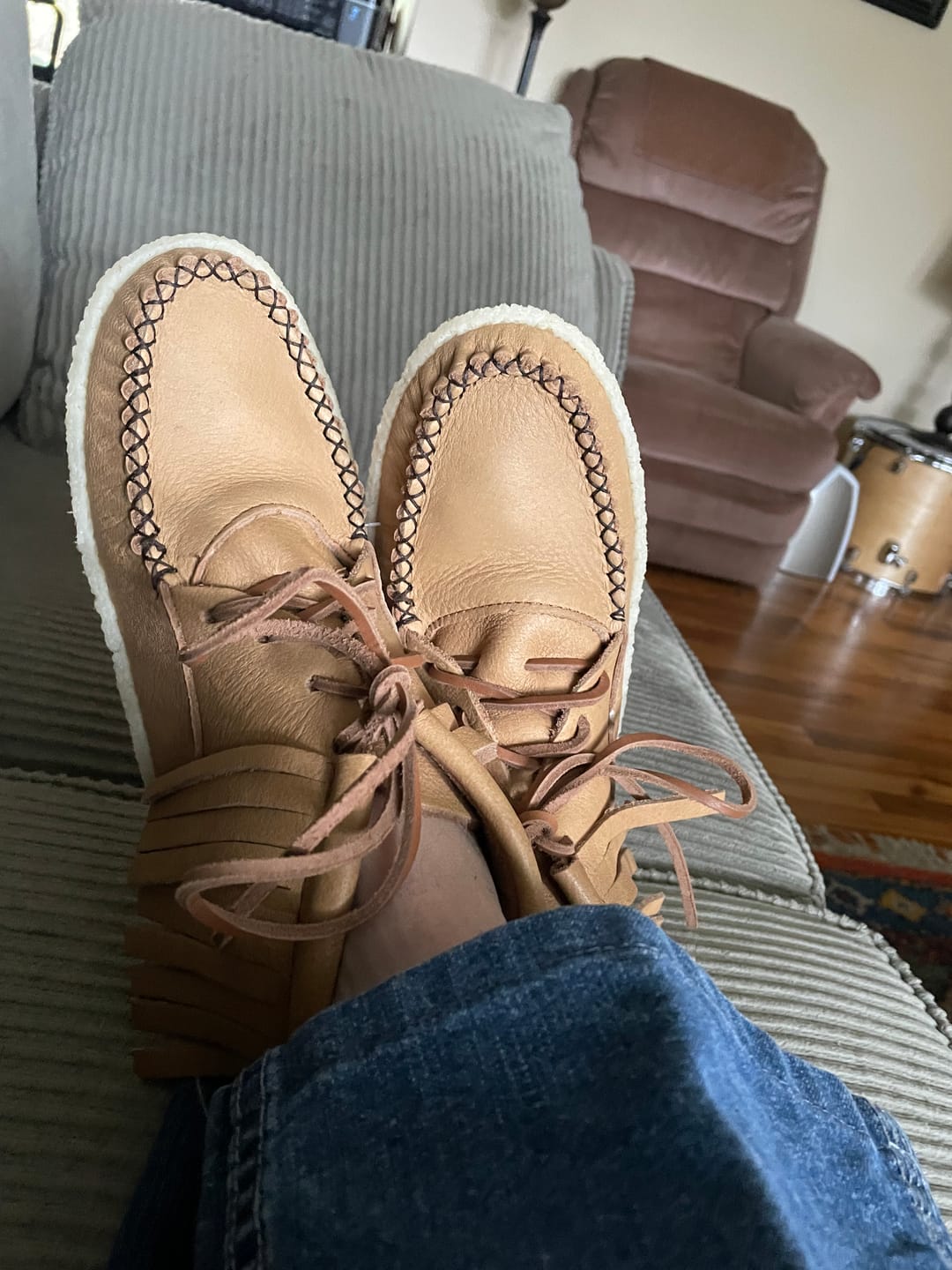 Customer photo review of Men's Moose Hide Leather Fringed Moccasin Boots