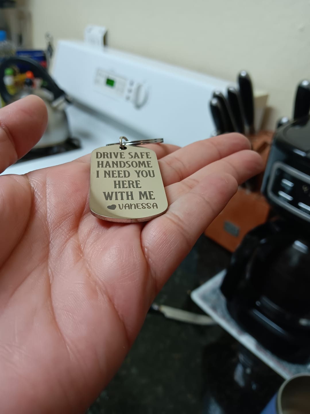 Customer photo review of Drive Safe - Personalized Engraved Stainless Steel Keychain