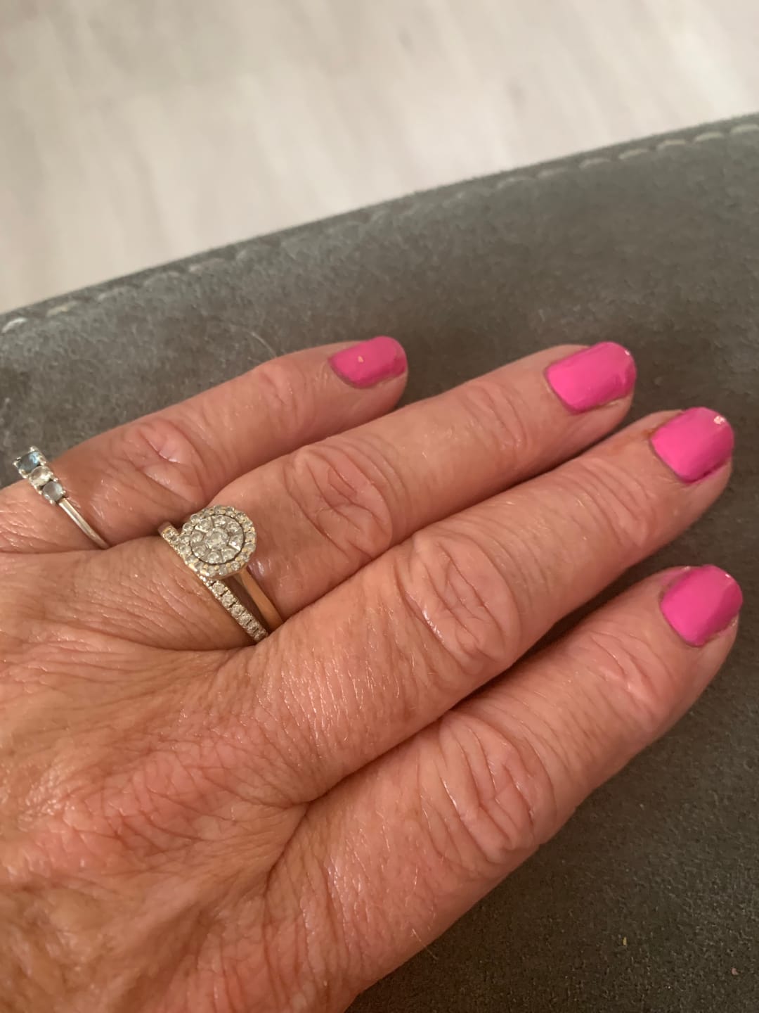 Customer photo review of Moissanite Round Half Eternity Sterling Silver Wedding Band Stackable Ring