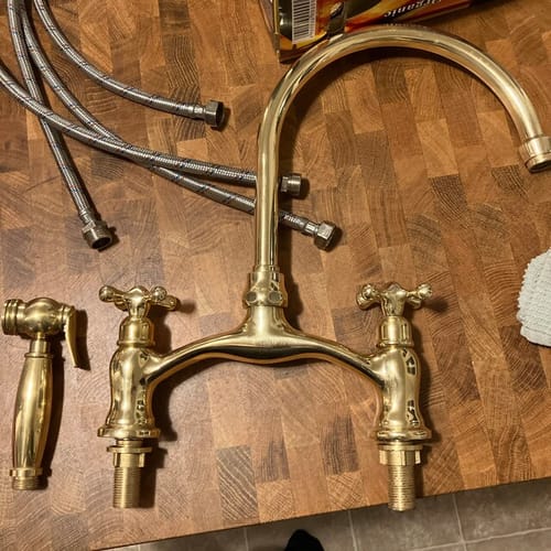 Customer photo review of Brass Bridge Kitchen Faucet - V Shaped Unlacquered Brass Faucet ISF17