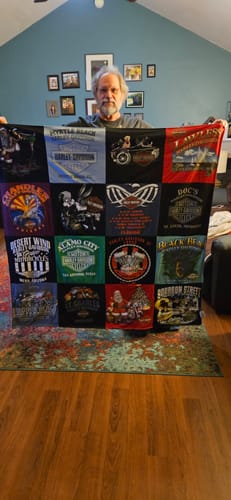 T-shirt quilt with motorcycling, biking events themes by Mary from KS