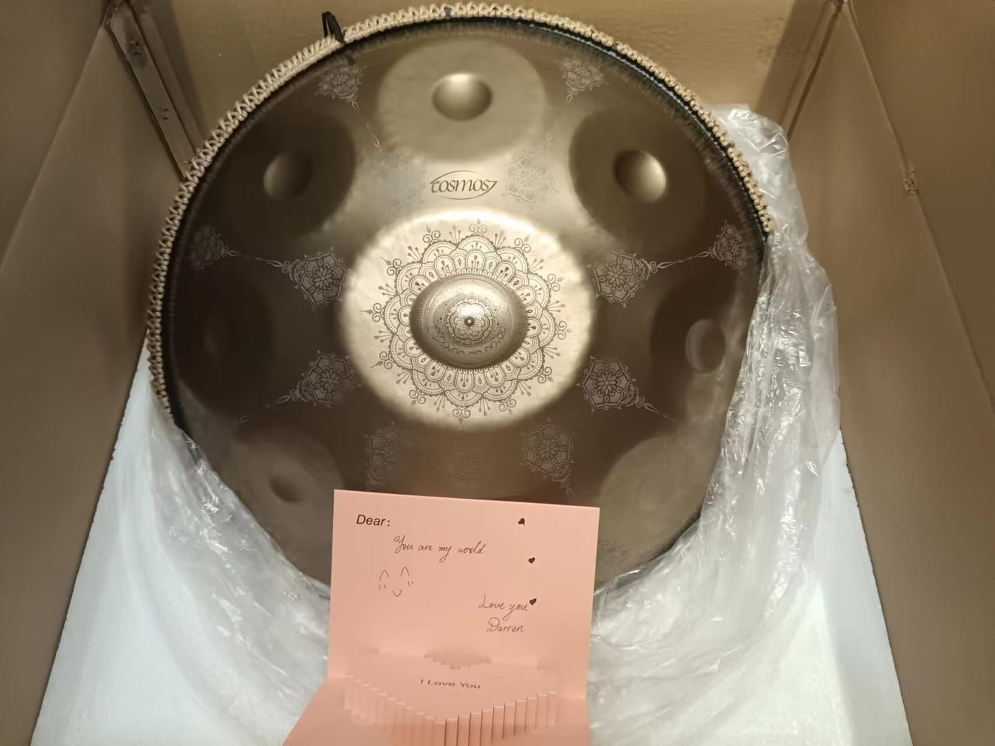 Customer photo review of Cosmos Handpan - Golden Mandarins 9/10/12 Notes in D Minor Tambourine - Gift Set
