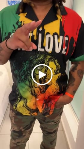 Customer video review of Jamaica Reggae Couples Matching Off The Shoulder Long Sleeve Dress and Hawaiian Shirt Bob Marley Sketch Style One Love LT7