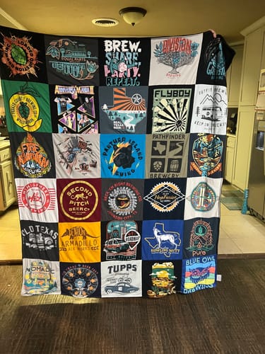 T-shirt quilt with craft beer, breweries themes by Gail from TX