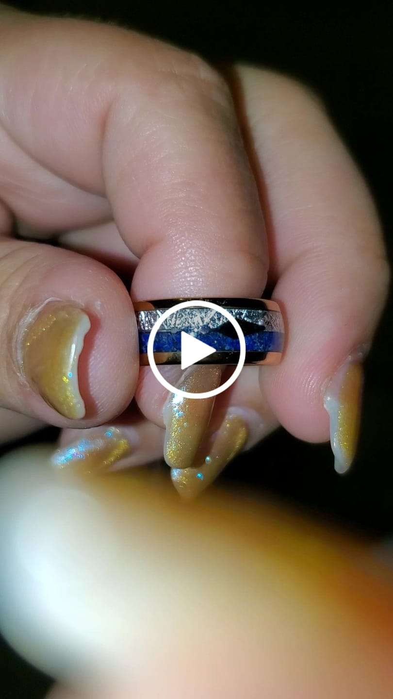Customer video review of 8mm- ROSE GOLD TUNGSTEN ARROW RING W/ BLUE LAPIS LAZULI, FAUX METEORITE,