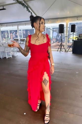Customer photo review of Aviela Ruffle Maxi Dress