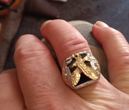 Customer photo review of Onyx Eagle V - Sterling Silver Black Hills Gold Mens Ring