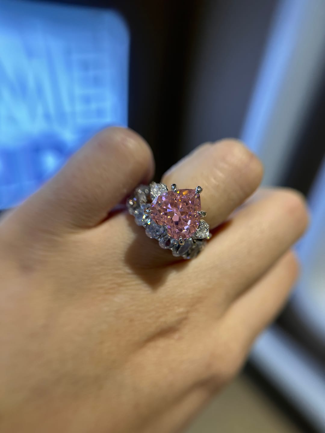 Customer photo review of S925 5.0Ct Heart Cut Royal Romantic Pink Stone Heart Cut Engagement Ring In Sterling Silver