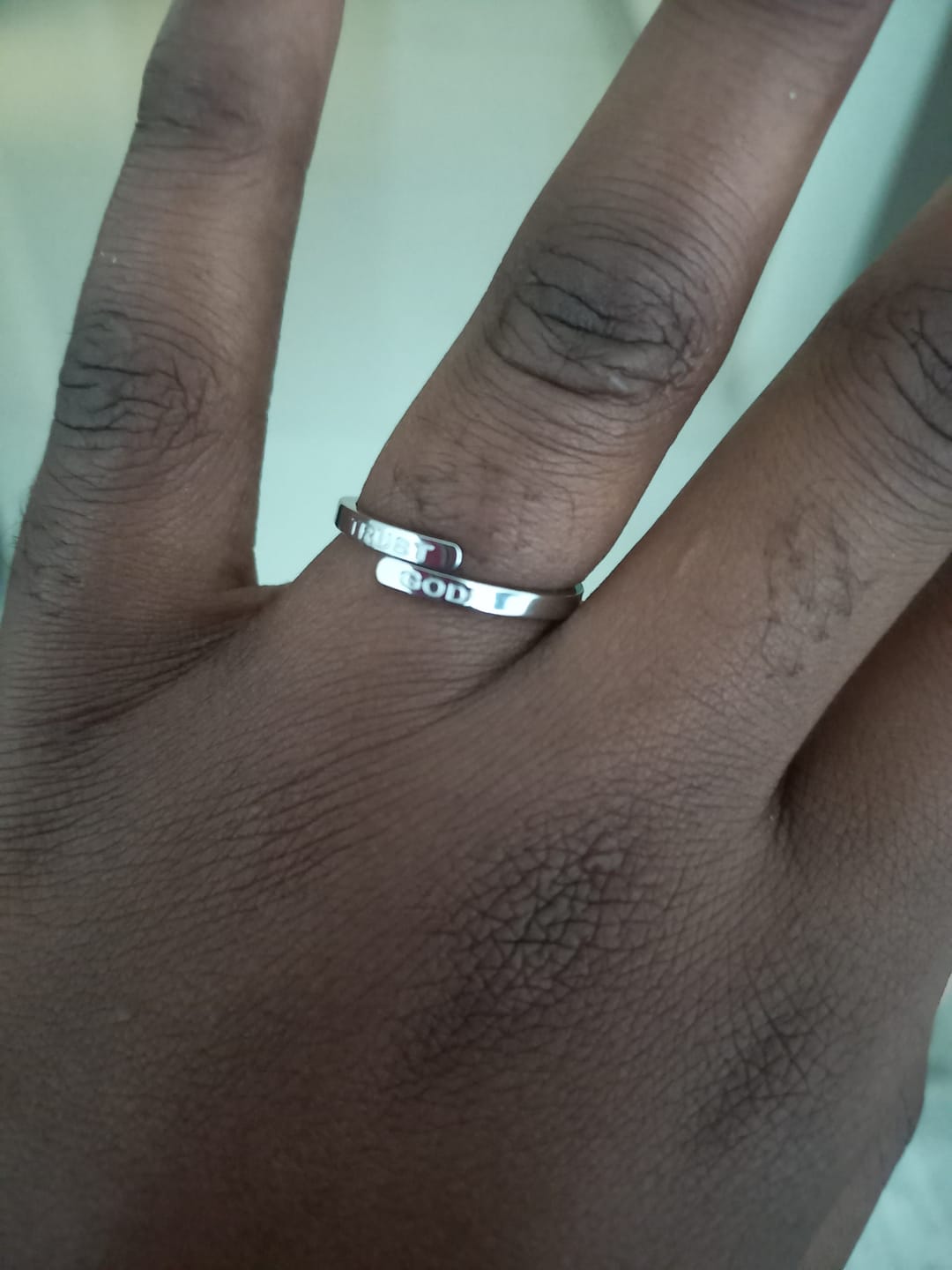 Customer photo review of Silver Trust God Ring  (Adjustable size)