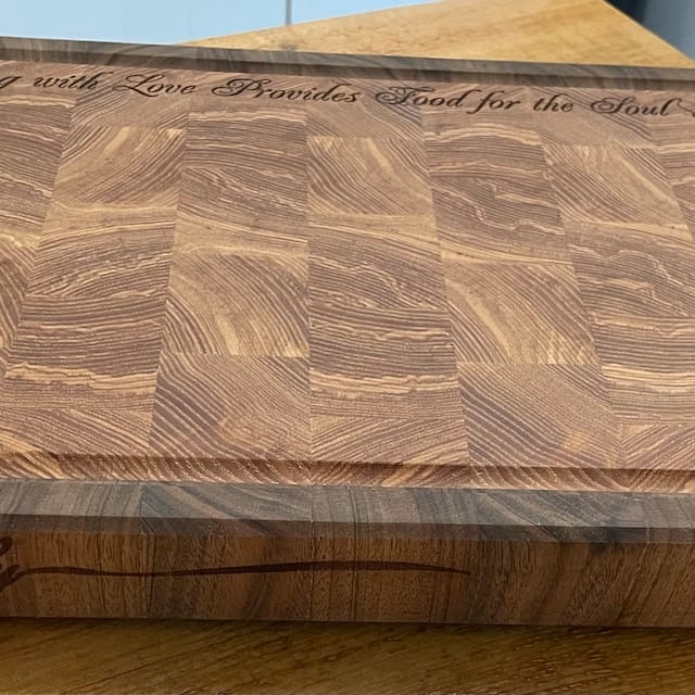 Customer photo review of Personalized Walnut and Cherry End Grain Cutting Board
