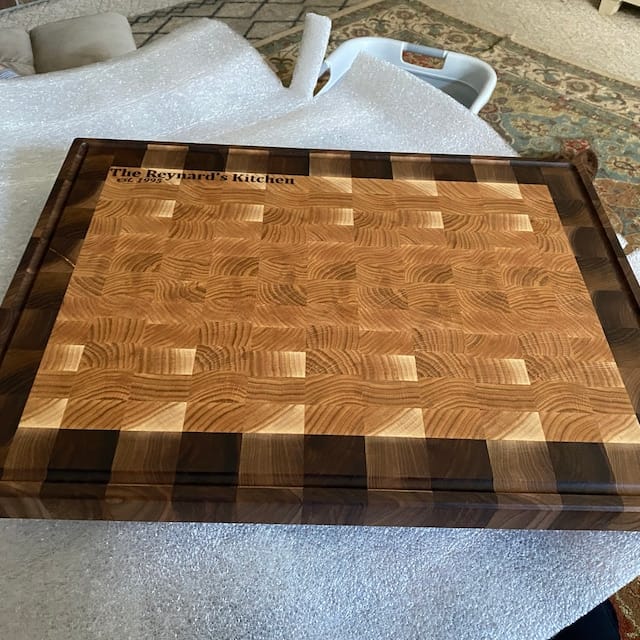 Customer photo review of Personalized Walnut and Cherry End Grain Cutting Board