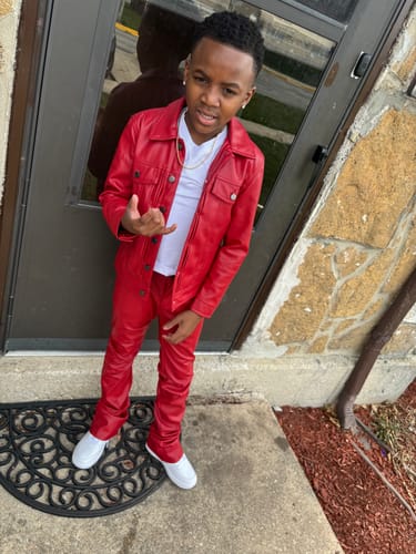Customer photo review of KIDS STACKED THRILLER PANTS (RED)