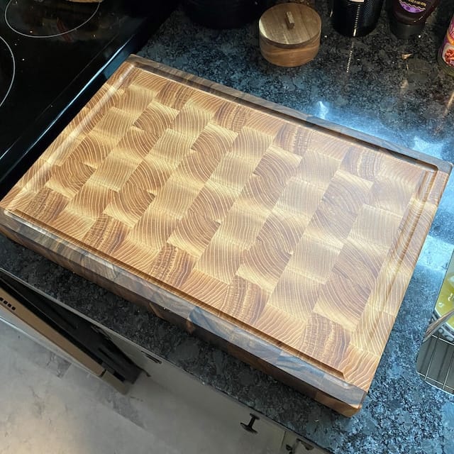 Customer photo review of Personalized Double-sided Walnut and Cherry End Grain Cutting Board