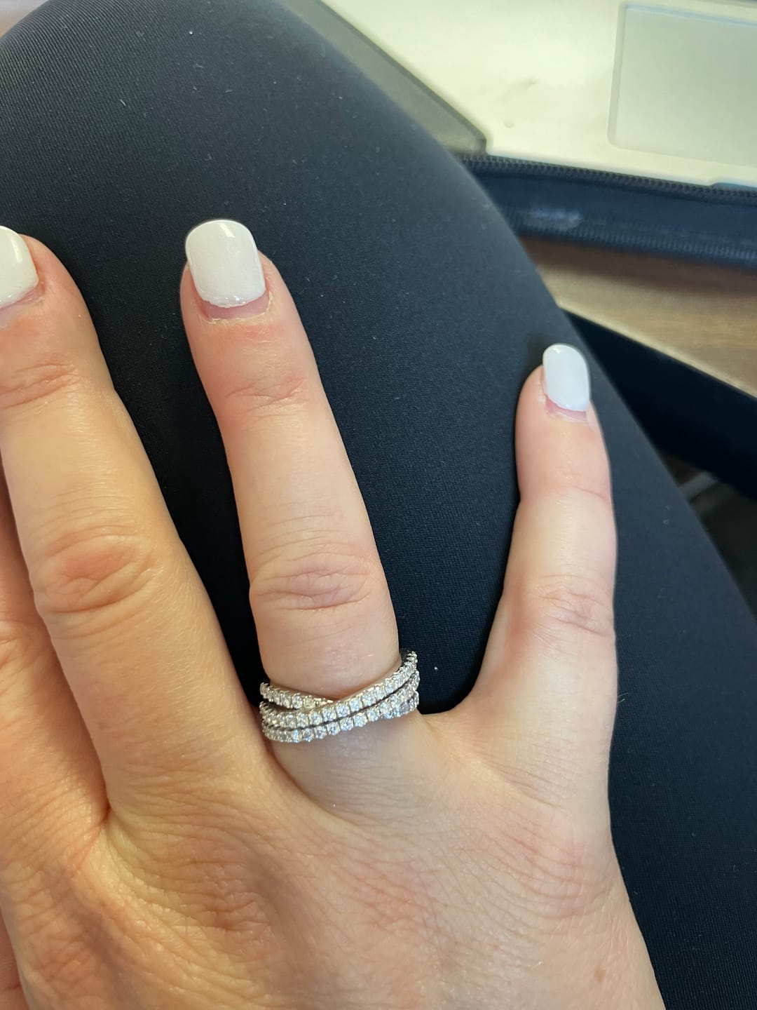 Customer photo review of Triple Criss-Cross Moissanite Pave Half Eternity Wedding Band Ring