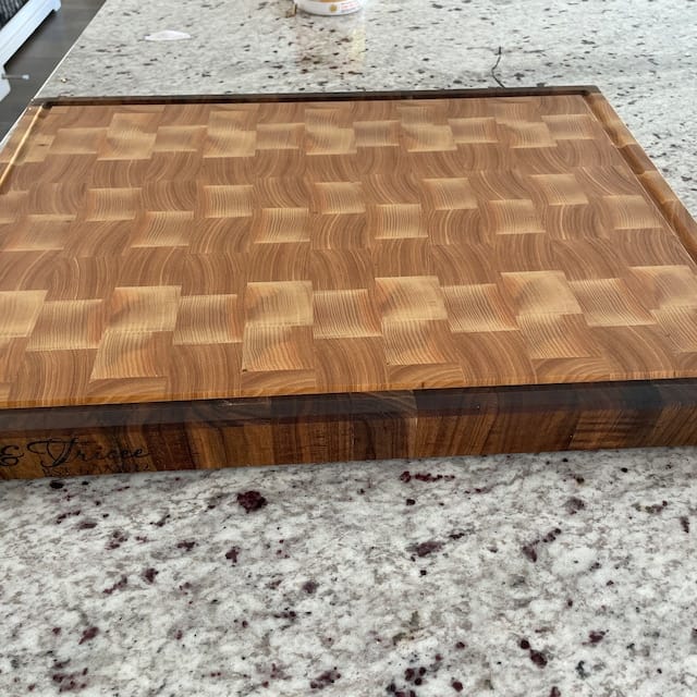 Customer photo review of Personalized Double-sided Walnut and Cherry End Grain Cutting Board