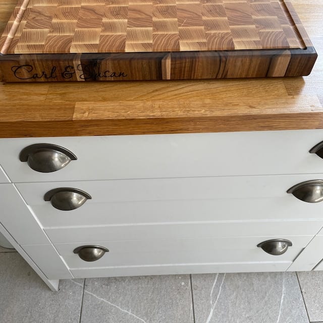 Customer photo review of Personalized Double-sided Walnut and Cherry End Grain Cutting Board
