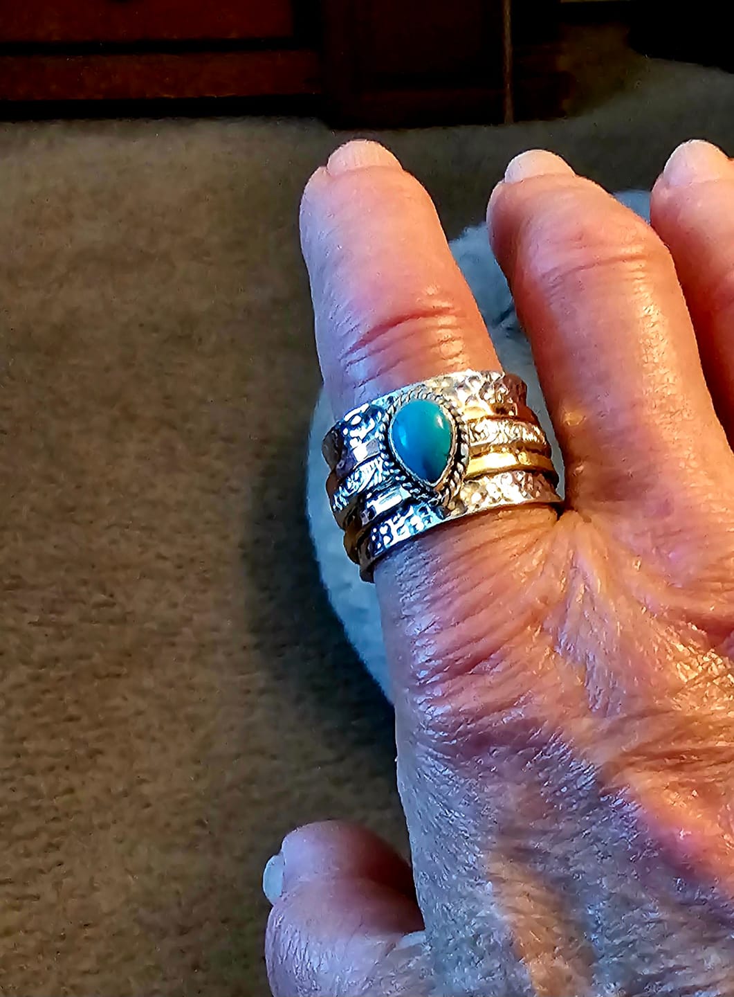 Customer photo review of Teardrop Turquoise Fidget Ring Sterling Silver