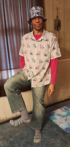 Customer photo review of Moodicorn Rainbow Stripes Button Up Shirt