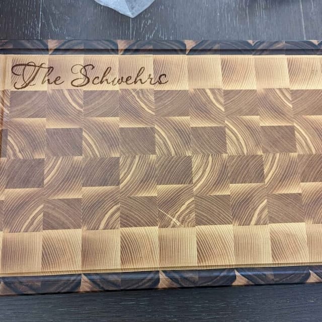 Customer photo review of Personalized Double-sided Walnut and Cherry End Grain Cutting Board