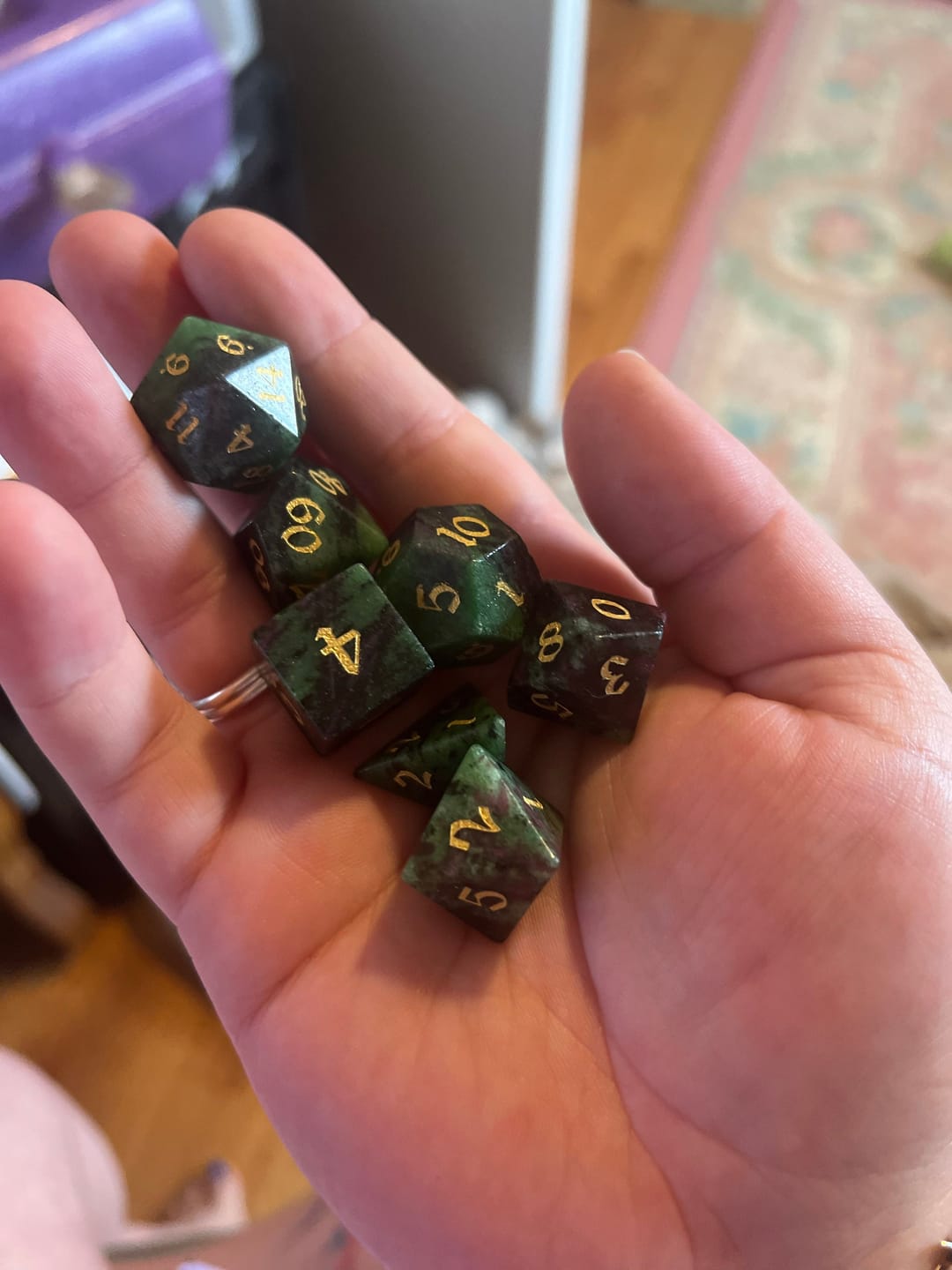 Customer photo review of Gemstone Zoisite Polyhedral Polyhedral Dice (With Box) DnD Dice Set