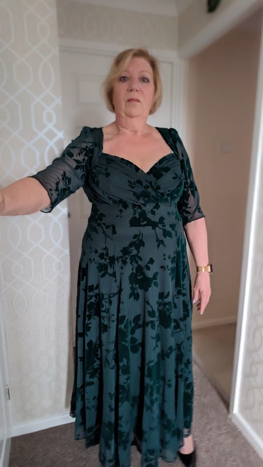 Customer photo review of Elizabeth Dark Green Flocked Mesh Maxi Gown